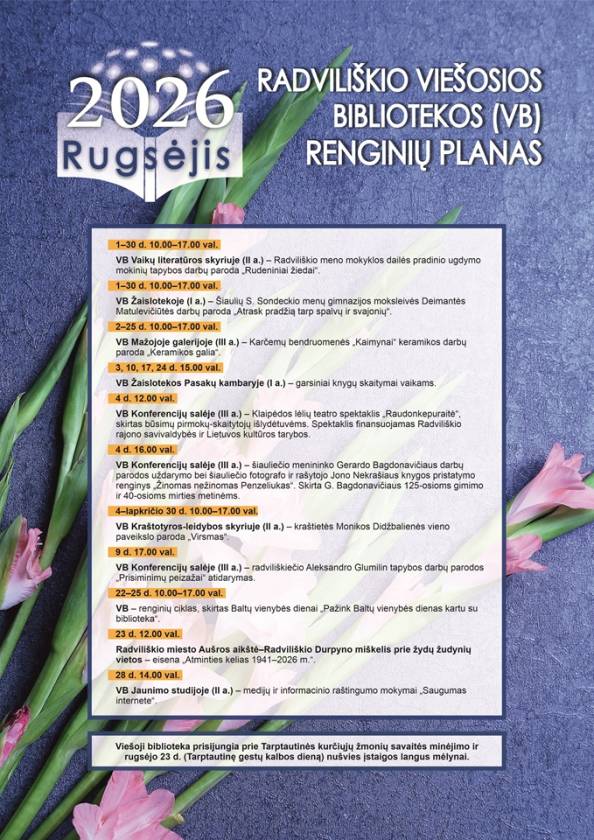 Radviliškio viešosios bibliotekos (VB) 2026 m. RUGSĖJO MĖN. renginių planas